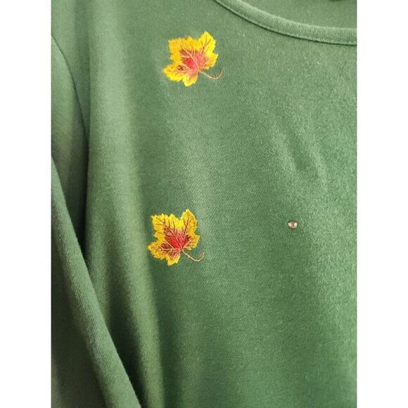 Quacker Factory Women Dark Green w/Brown Leaf Embroidery Cotton Shirt size 2X - Picture 3 of 7
